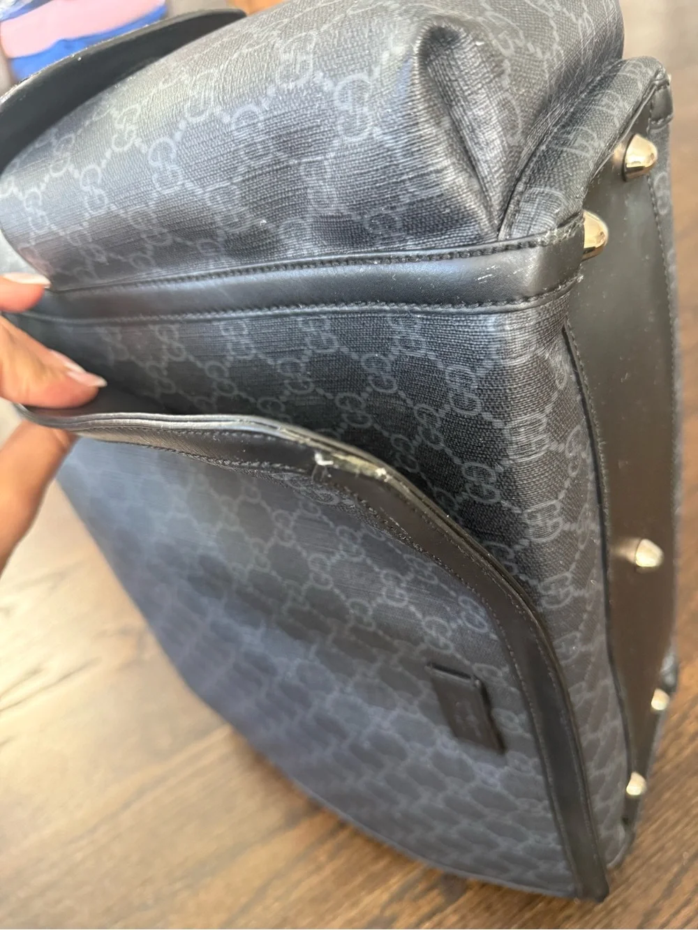 Gucci Black Monogram Diaper Bag with Red and Blue Web Strap